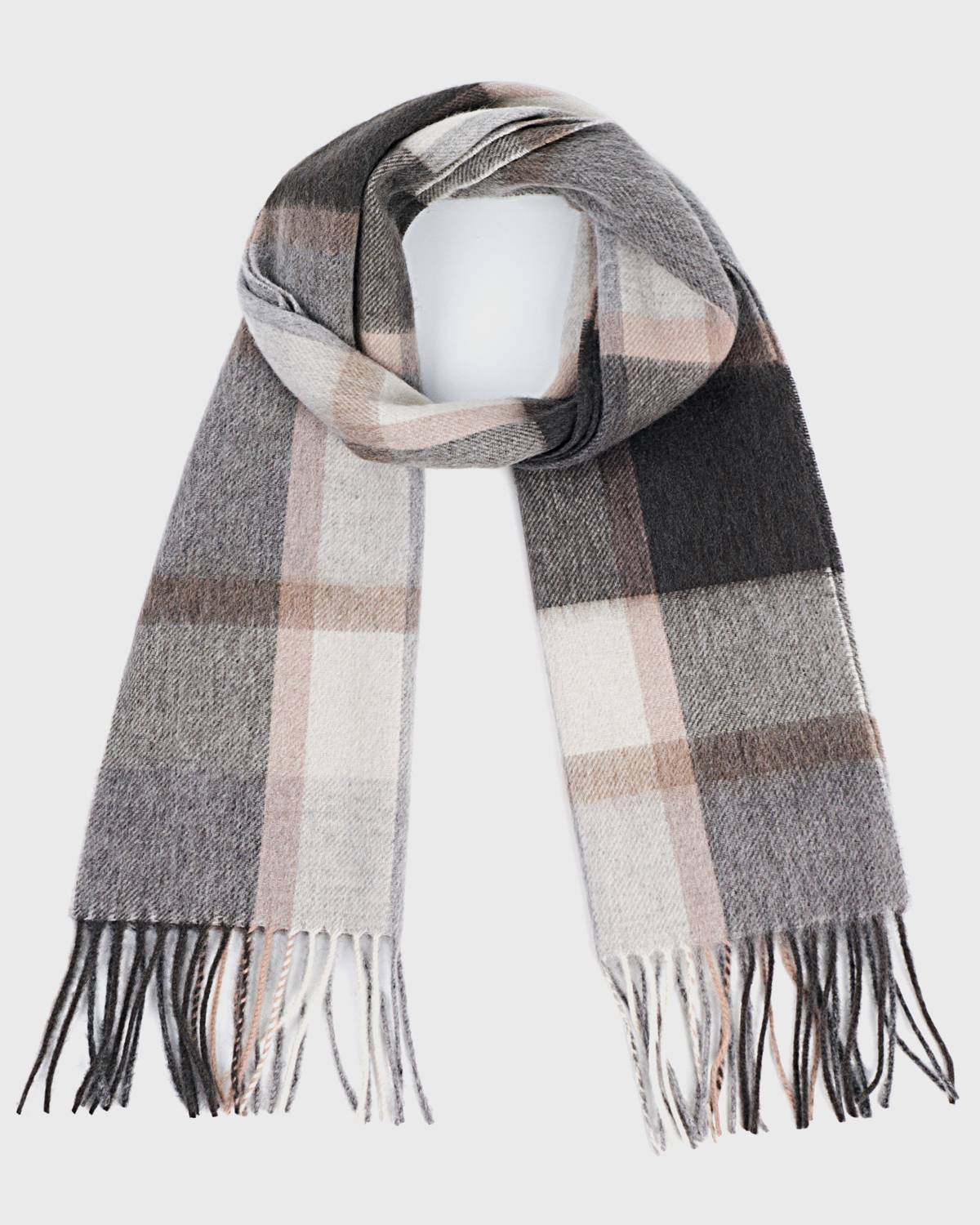 A gray and beige plaid winter scarf featuring a classic check pattern, perfect for warmth and style.