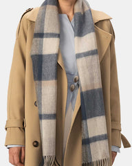 A model wears a blue and gray classic winter scarf, an ideal accessory for warmth and style during colder days.