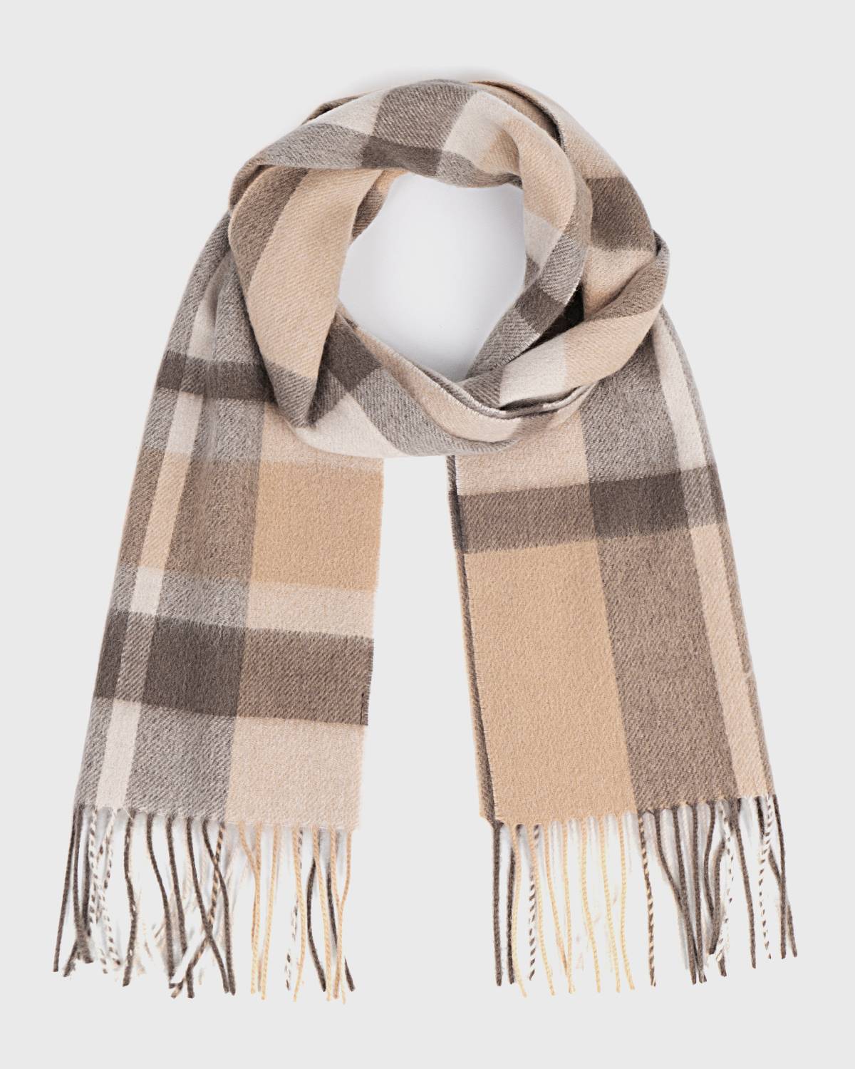 A classic check scarf featuring a beige and tan pattern, complemented by gray and coffee tones.