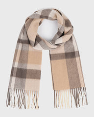 A classic check scarf featuring a beige and tan pattern, complemented by gray and coffee tones.