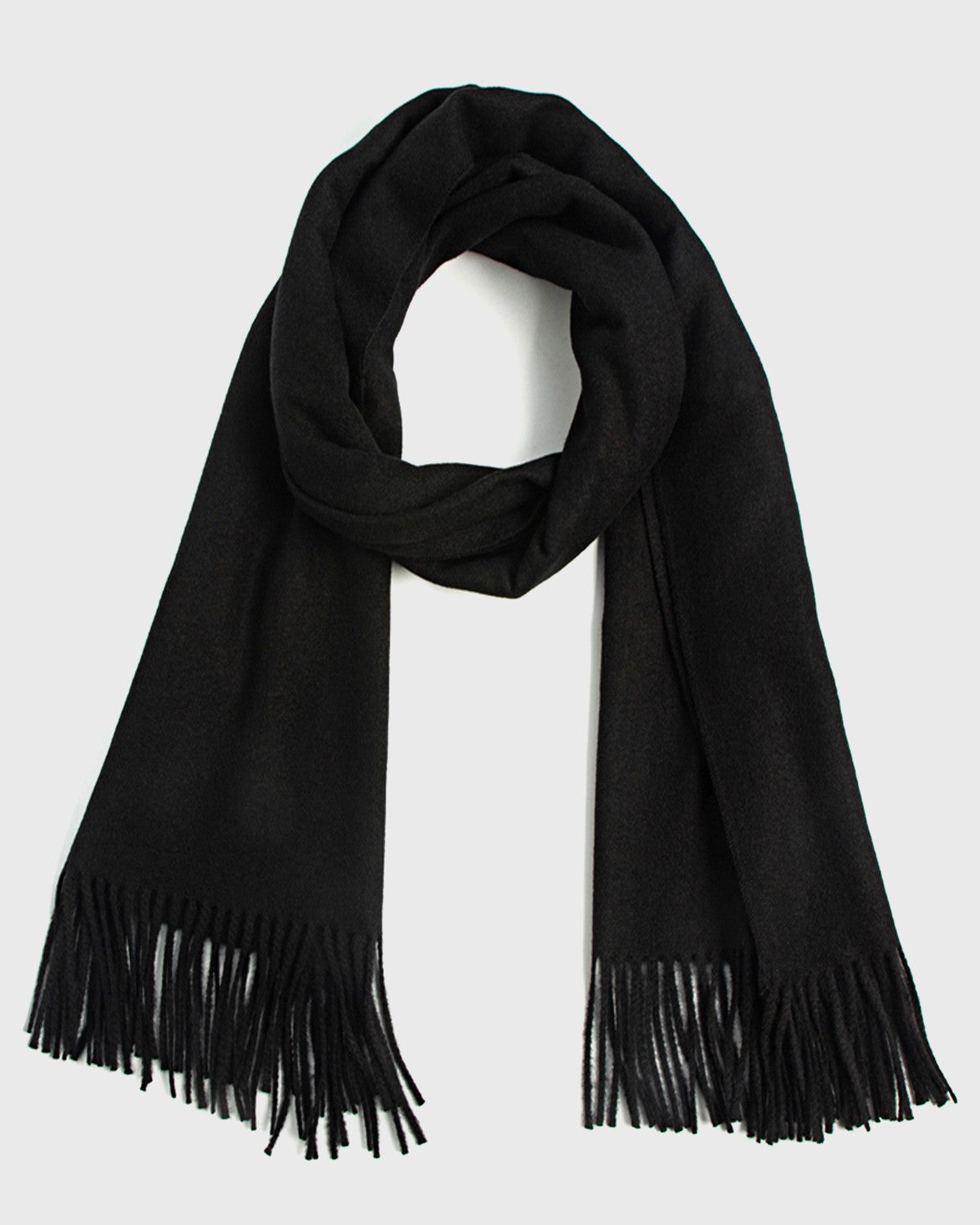 A stylish black winter scarf featuring elegant fringes, perfect for keeping warm during the colder months.