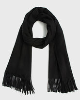 A stylish black winter scarf featuring elegant fringes, perfect for keeping warm during the colder months.