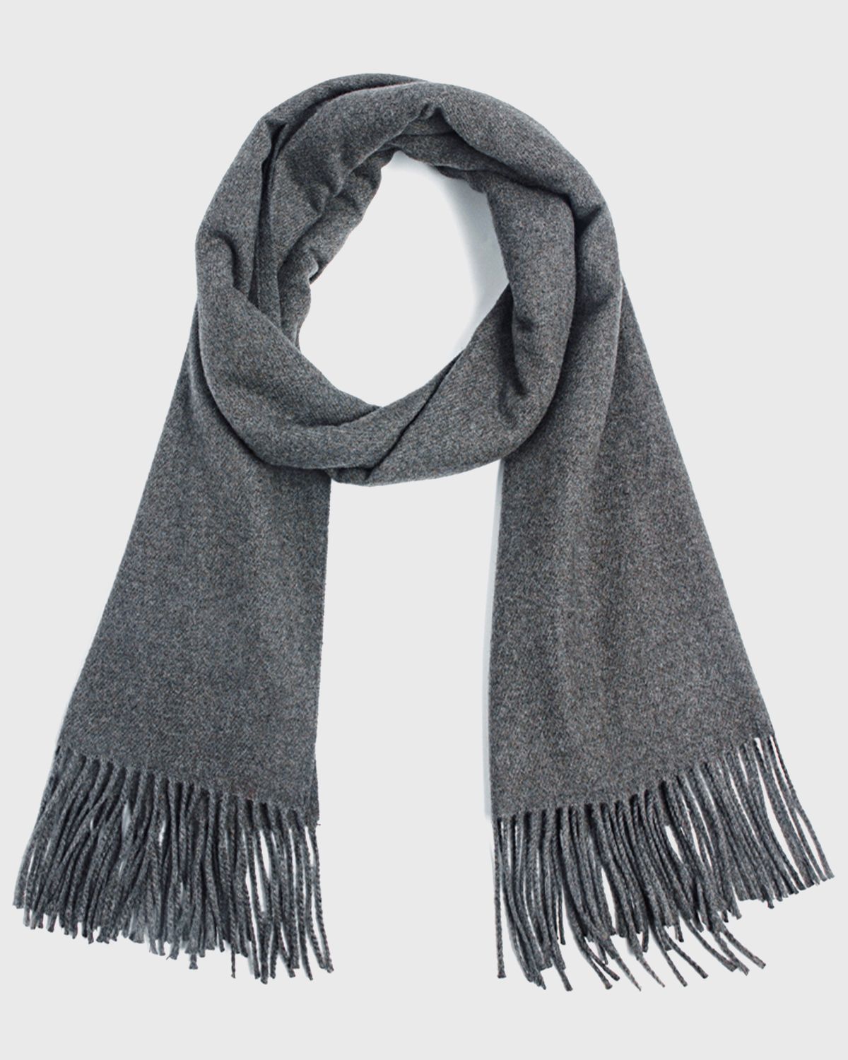 A cozy grey winter scarf featuring stylish fringes, perfect for keeping warm during the colder months.