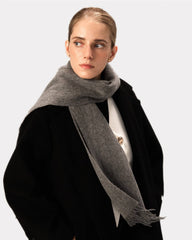 A woman dressed in a black coat and a cozy gray winter scarf, ready for the cold weather.