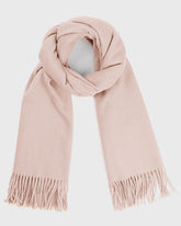 A women's beige scarf with fringes, elegantly draped, perfect for adding a touch of style to any outfit.
