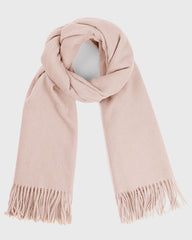 A women's beige scarf with fringes, elegantly draped, perfect for adding a touch of style to any outfit.