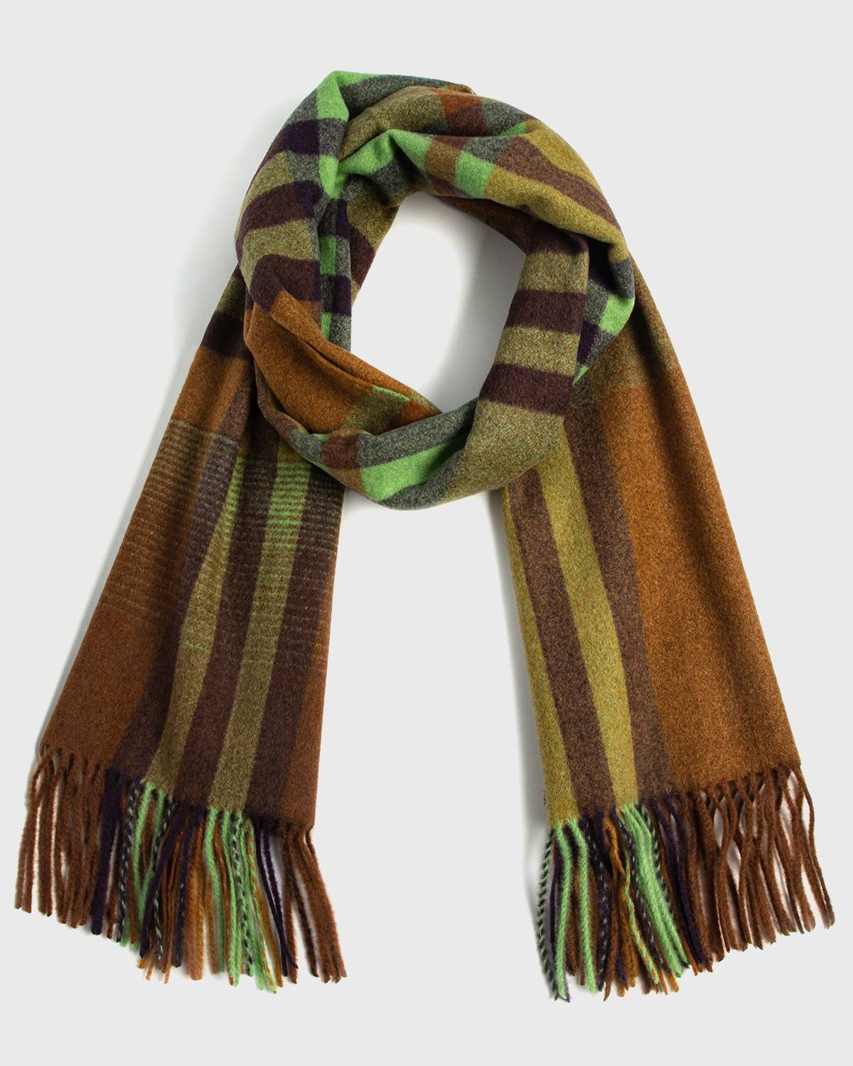 A stylish scarf featuring a green and brown check pattern, perfect for adding a touch of warmth to any outfit.