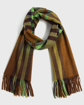 A stylish scarf featuring a green and brown check pattern, perfect for adding a touch of warmth to any outfit.