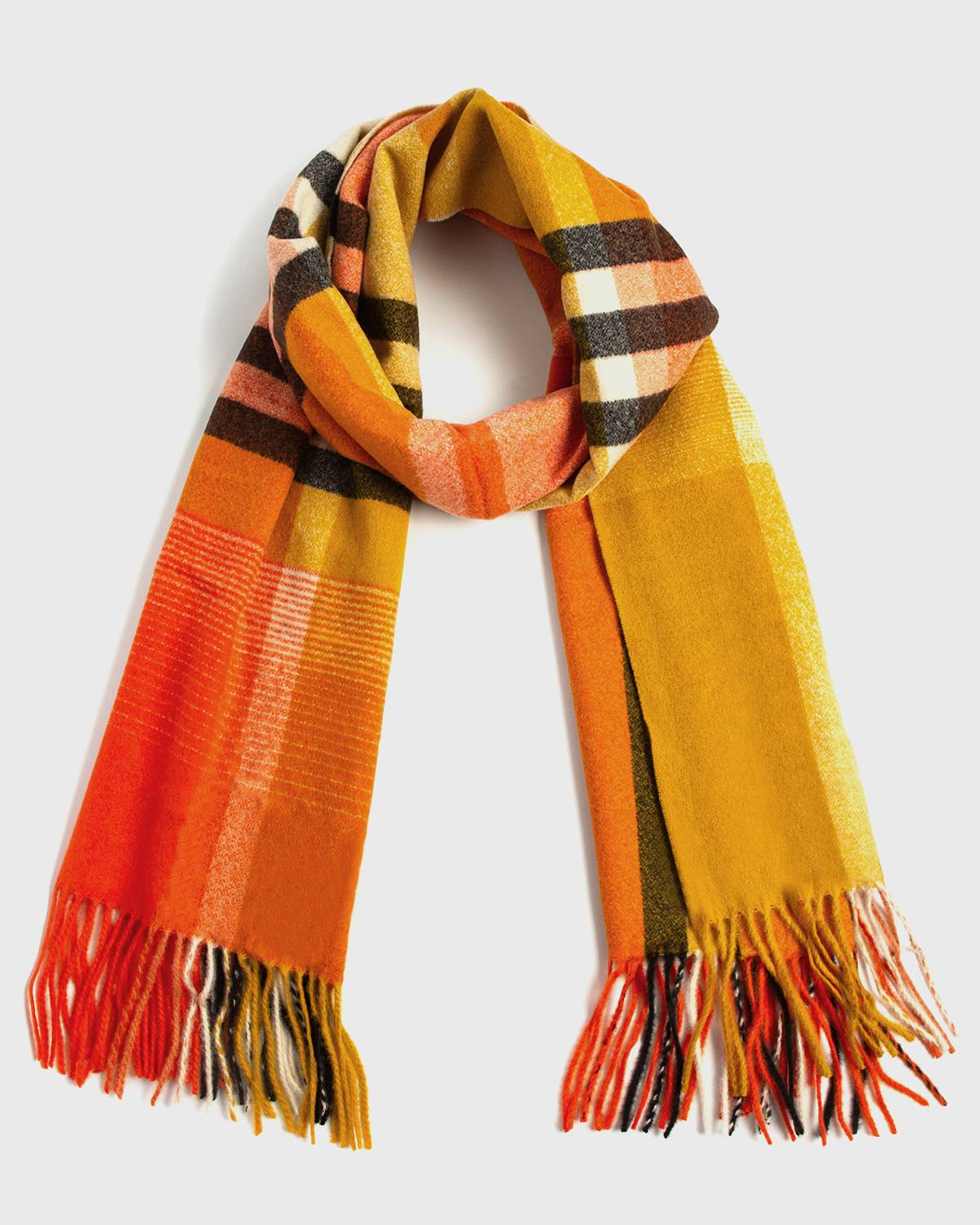 A stylish scarf featuring a vibrant check pattern in orange, yellow, and black colors, perfect for adding flair to any outfit.