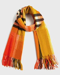 A stylish scarf featuring a vibrant check pattern in orange, yellow, and black colors, perfect for adding flair to any outfit.