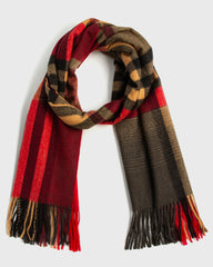A stylish red, black, and brown scarf with fringes, perfect for adding warmth and flair to any outfit.
