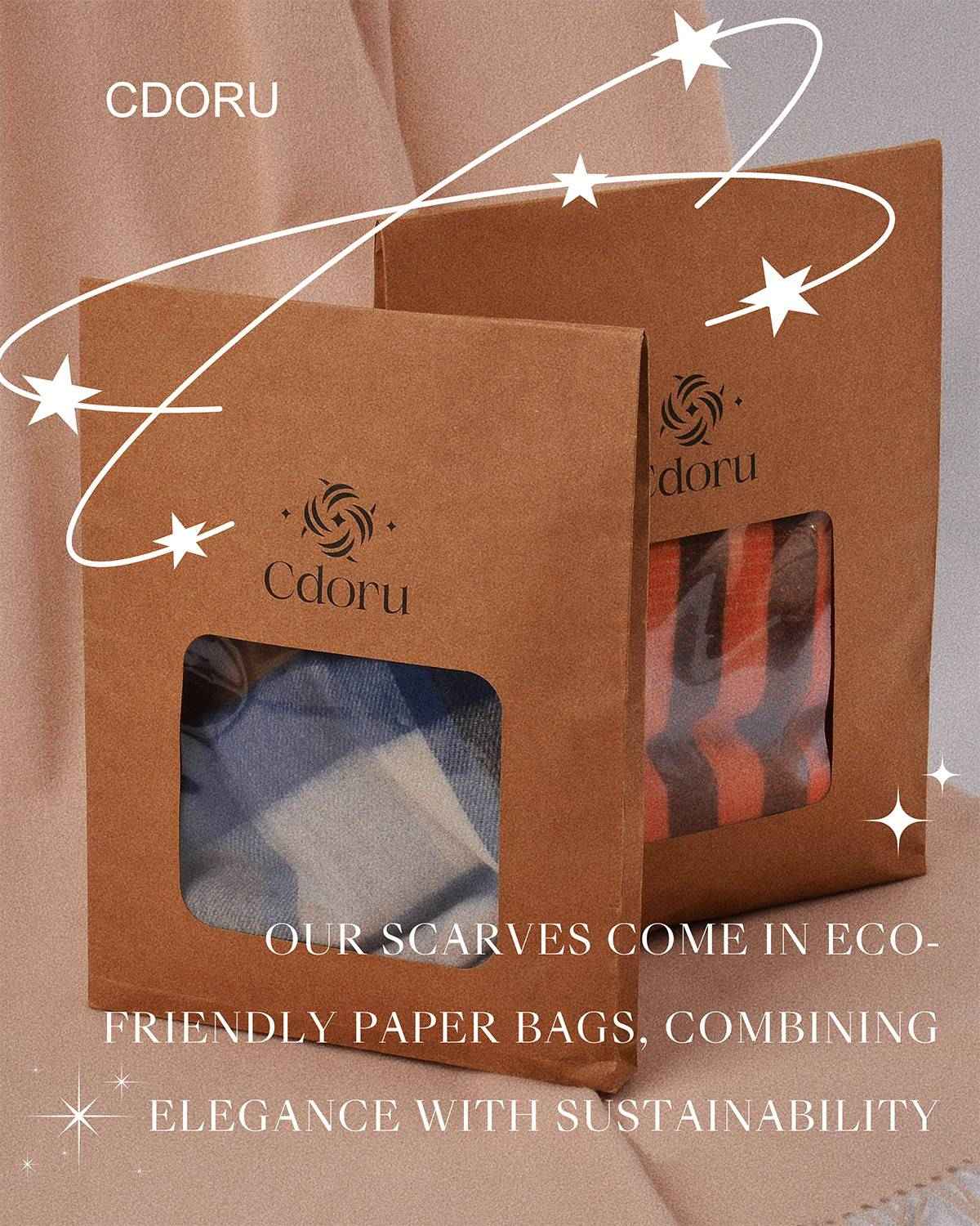 Two packages containing various winter scarves, with a single beige scarf artistically placed on background.