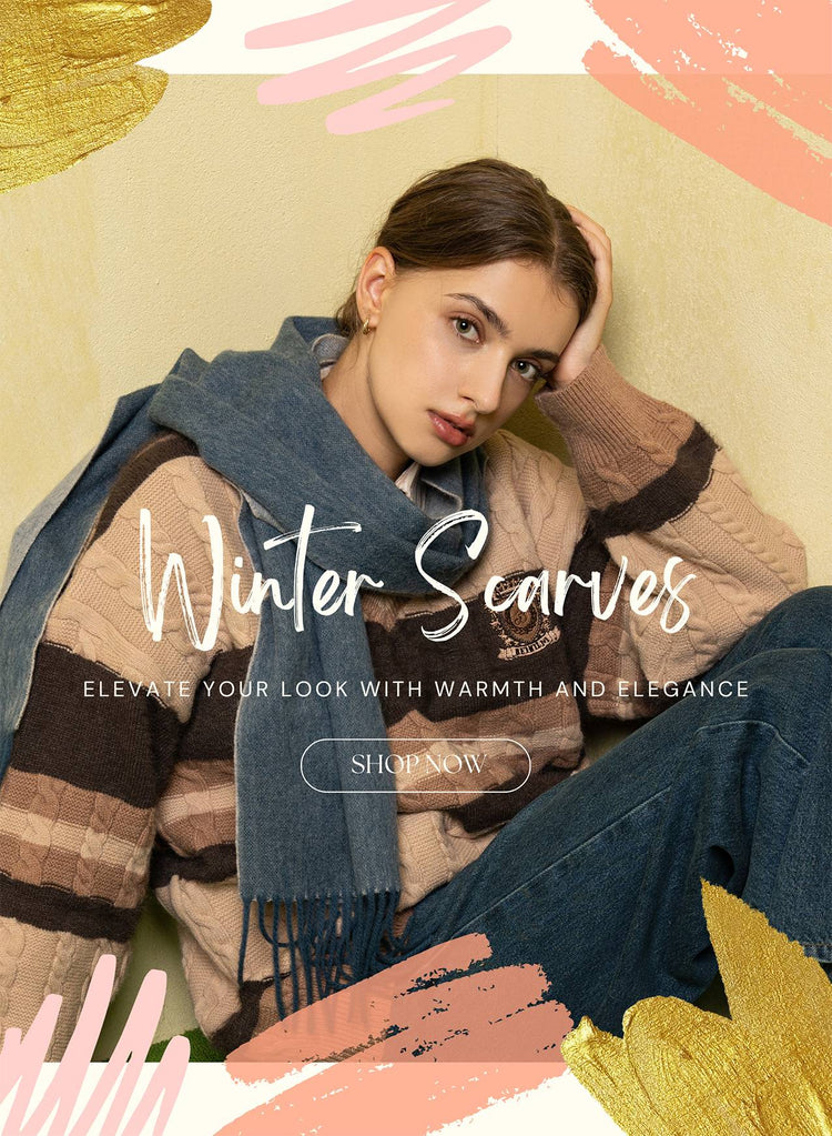 A model elegantly showcases a blue winter scarves in a stylish hero banner setting, highlighting their warmth and fashion.