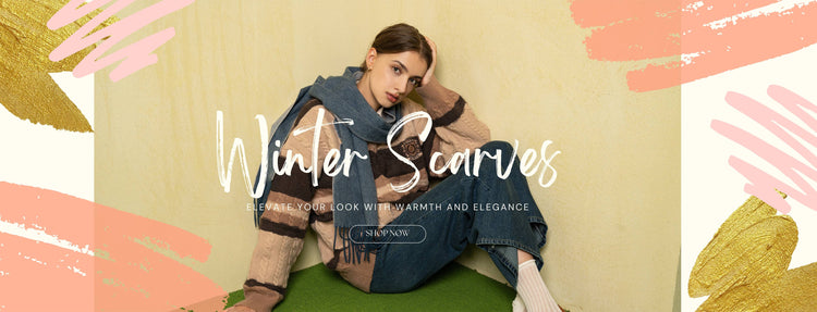 A model elegantly showcases a blue winter scarves in a stylish hero banner setting, highlighting their warmth and fashion.