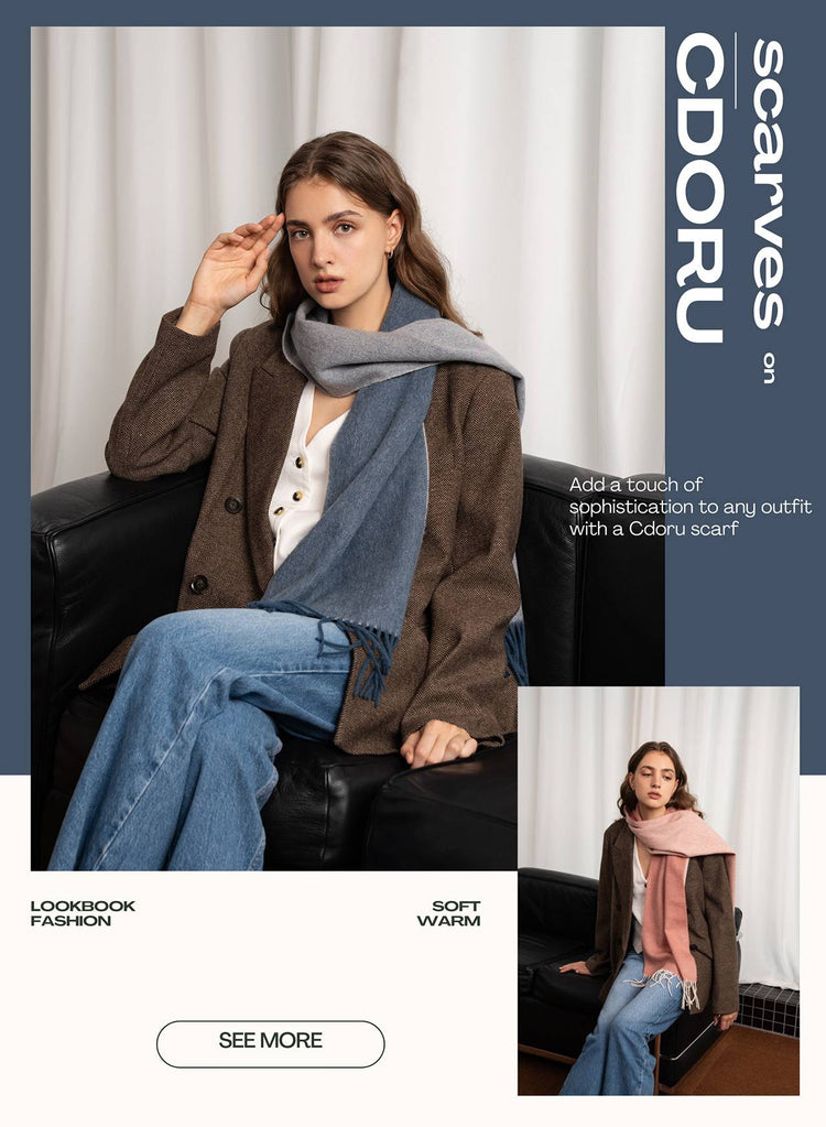 A model displays an array of wool scarves in a winter banner, emphasizing the variety and warmth of the collection.